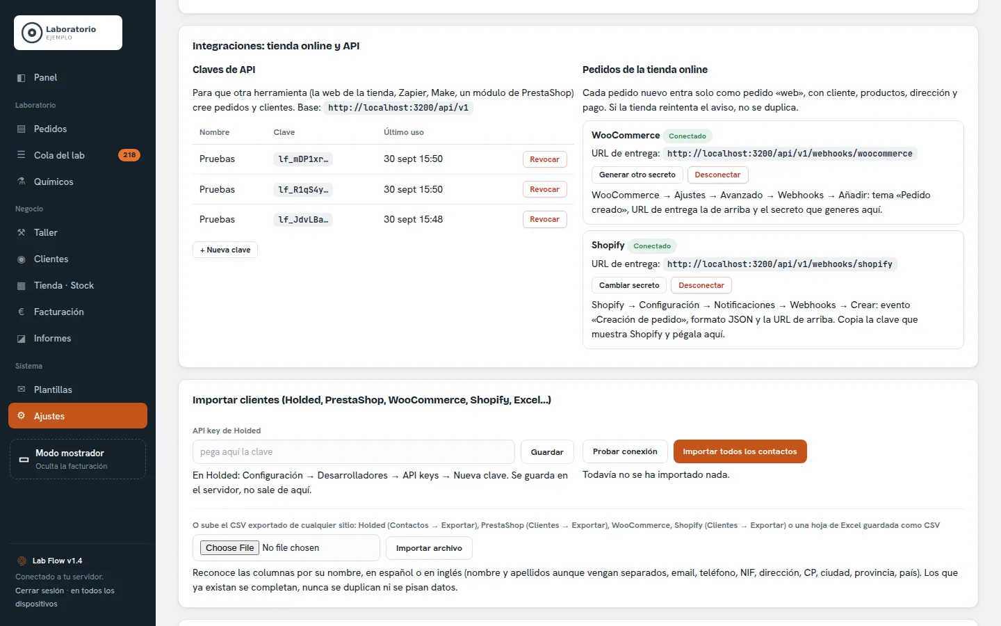 Ajustes de integraciones: claves de API y conexión con WooCommerce y Shopify