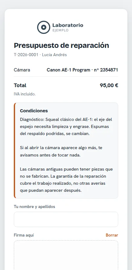 Presupuesto de reparación que el cliente acepta desde el móvil